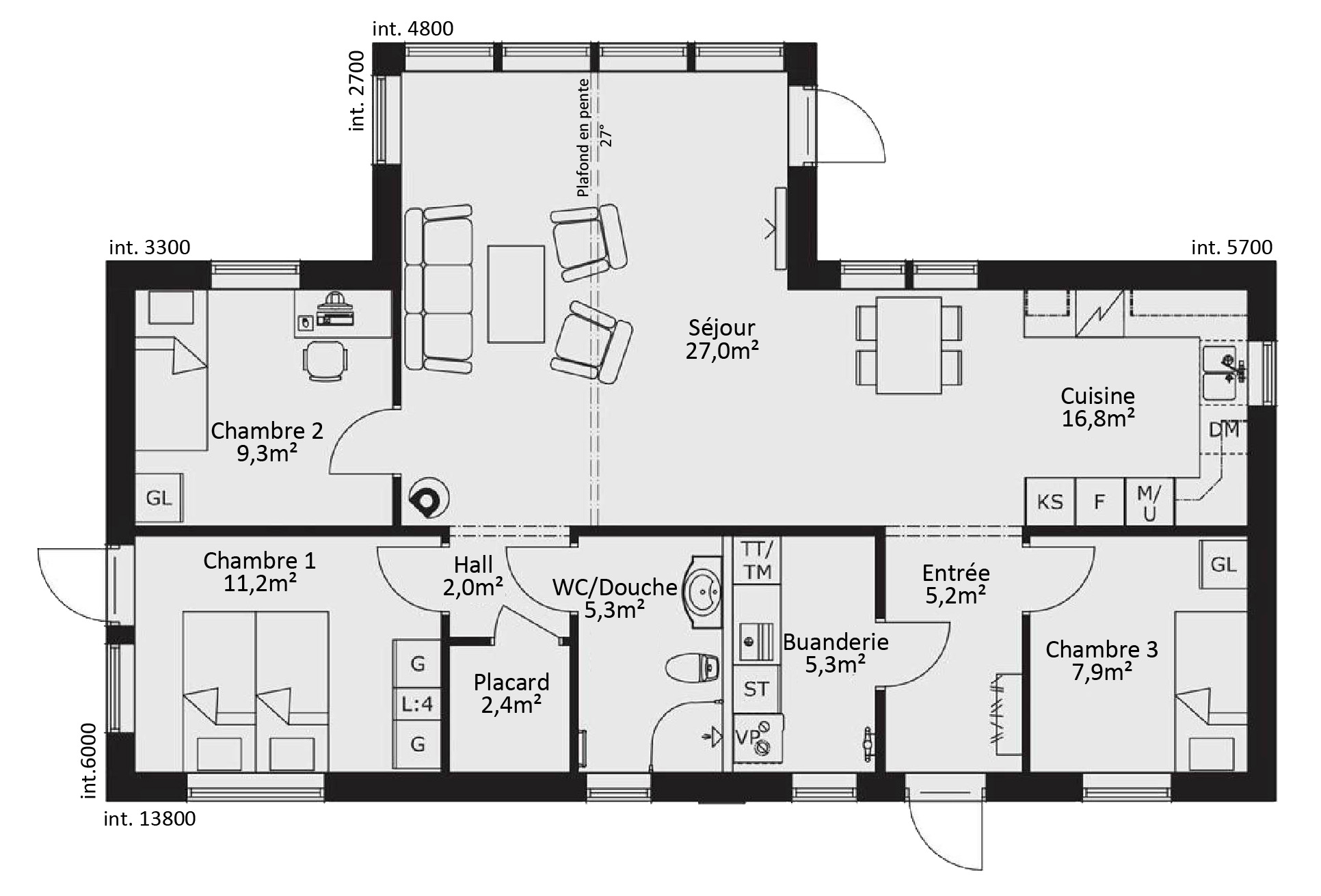 plan RDC Maison ossature bois suédoise basse consommation provenant du catalogue Hej France VastkustStugan