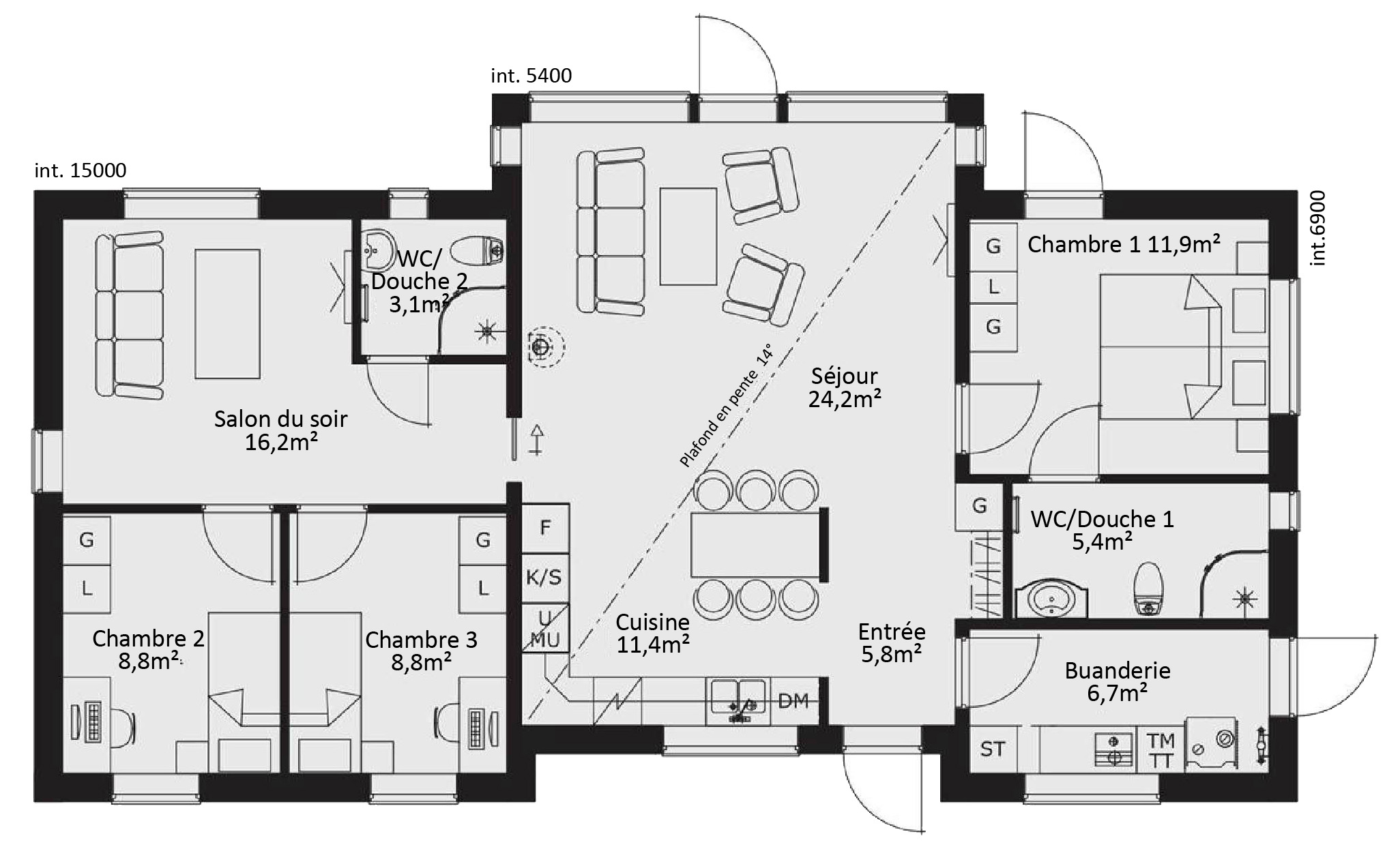 plan RDC Maison ossature bois suédoise basse consommation provenant du catalogue Hej France VastkustStugan