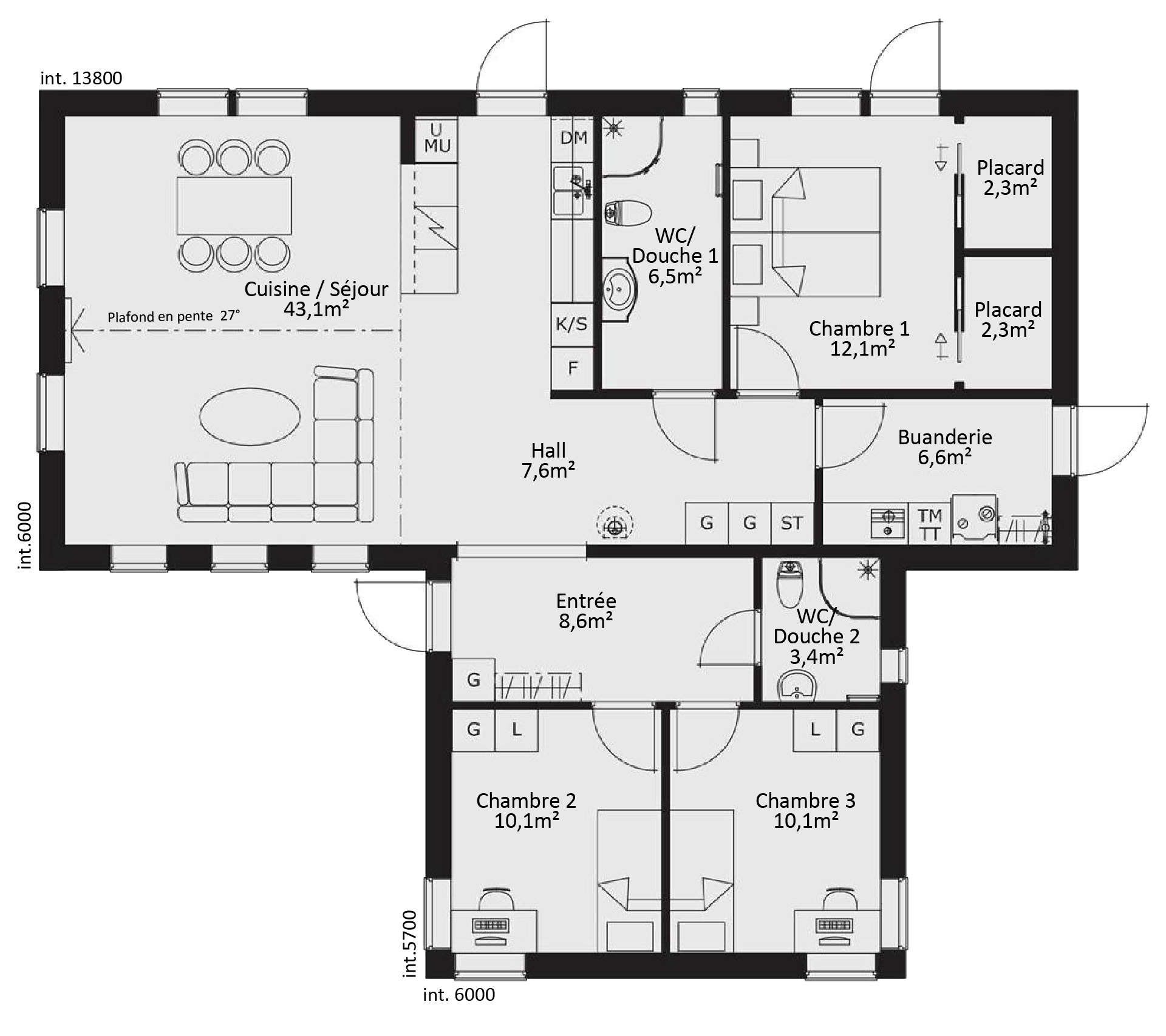 plan RDC Maison ossature bois suédoise basse consommation provenant du catalogue Hej France VastkustStugan