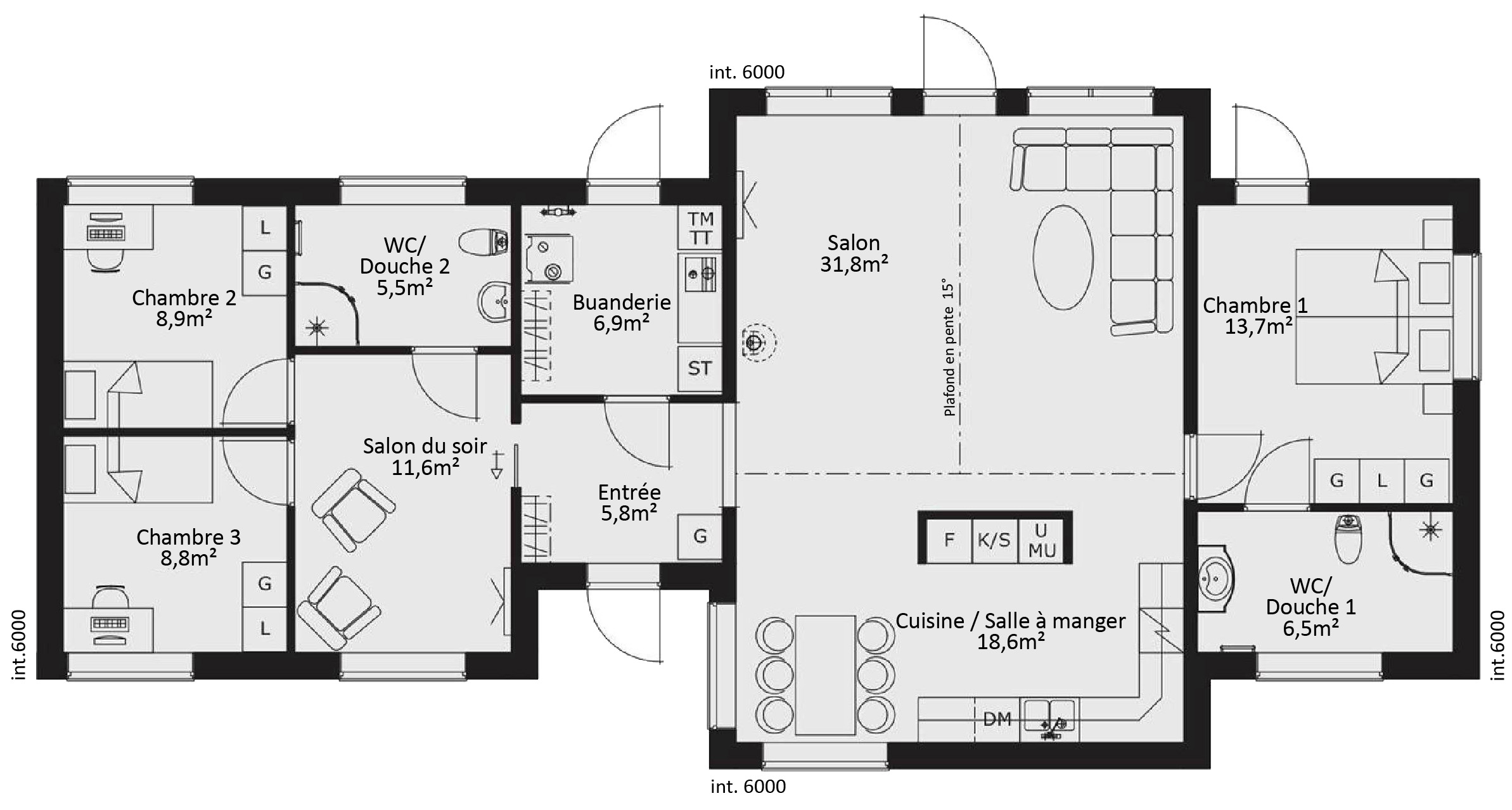 plan RDC Maison ossature bois suédoise basse consommation provenant du catalogue Hej France VastkustStugan