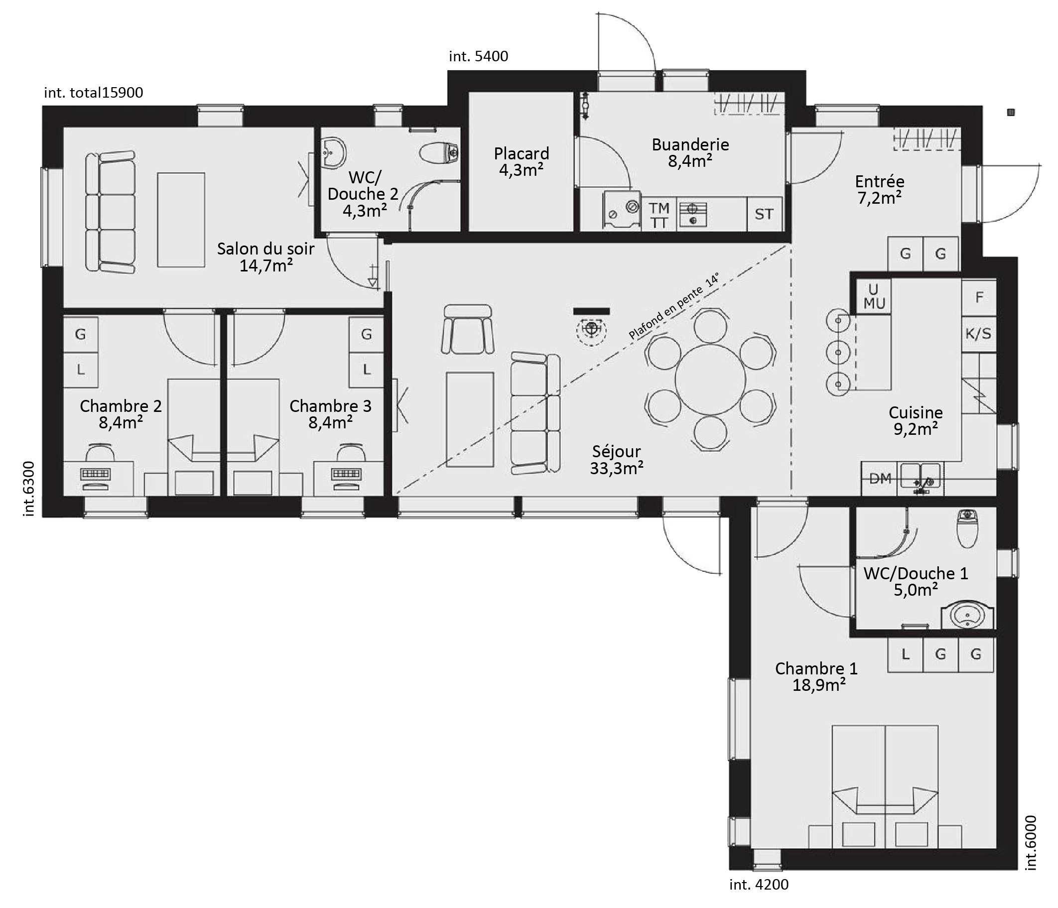 plan RDC Maison ossature bois suédoise basse consommation provenant du catalogue Hej France VastkustStugan
