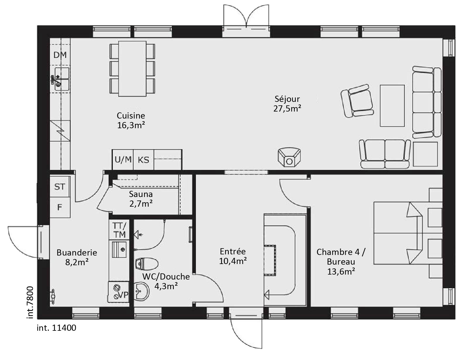 plan RDC Maison ossature bois suédoise basse consommation provenant du catalogue Hej France VastkustStugan