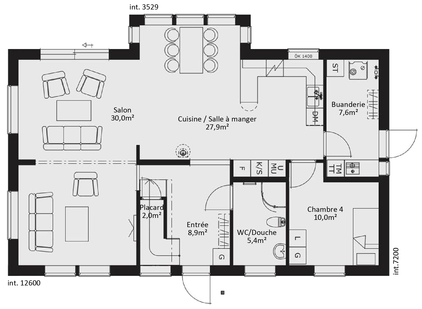 plan RDC Maison ossature bois suédoise basse consommation provenant du catalogue Hej France VastkustStugan