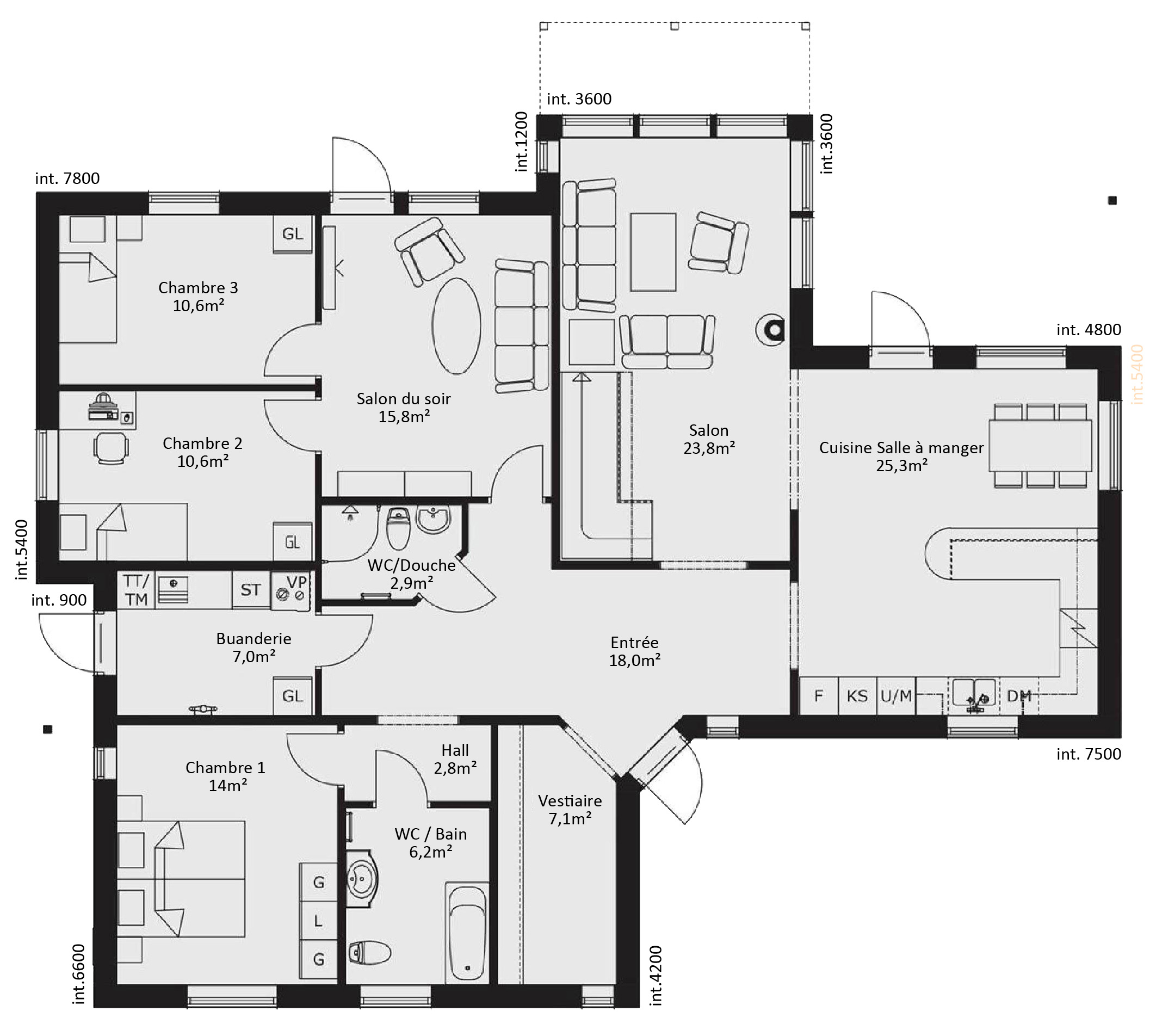 plan RDC Maison ossature bois suédoise basse consommation provenant du catalogue Hej France VastkustStugan