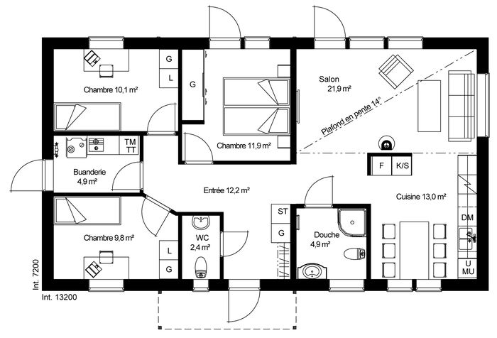 plan RDC Maison ossature bois suédoise basse consommation provenant du catalogue Hej France VastkustStugan