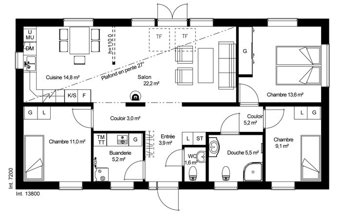 plan RDC Maison ossature bois suédoise basse consommation provenant du catalogue Hej France VastkustStugan