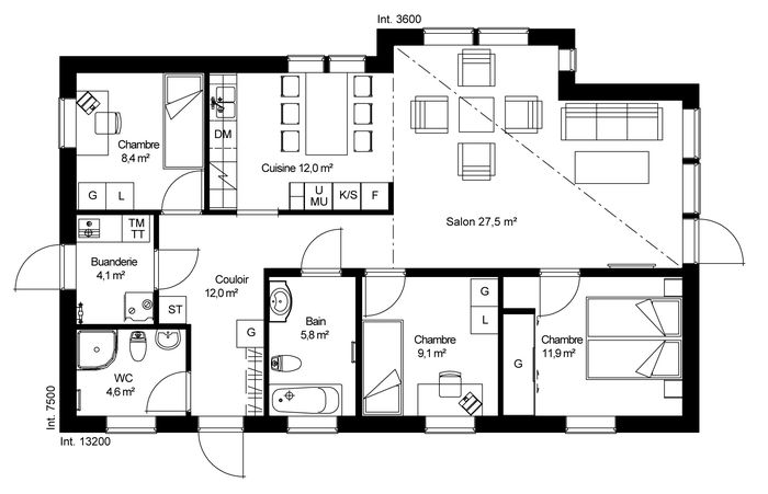 plan RDC Maison ossature bois suédoise basse consommation provenant du catalogue Hej France VastkustStugan