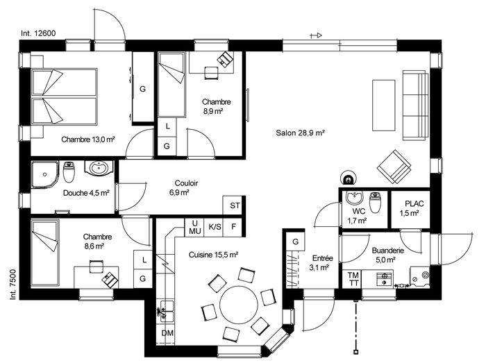 plan RDC Maison ossature bois suédoise basse consommation provenant du catalogue Hej France VastkustStugan