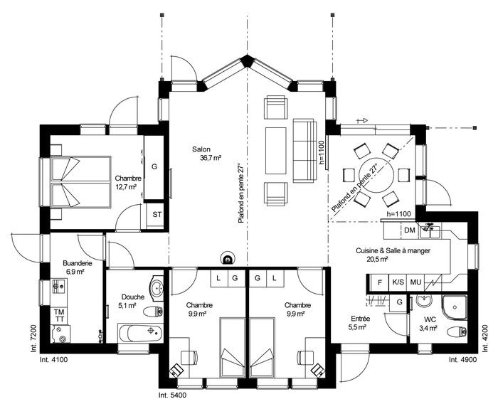 plan RDC Maison ossature bois suédoise basse consommation provenant du catalogue Hej France VastkustStugan