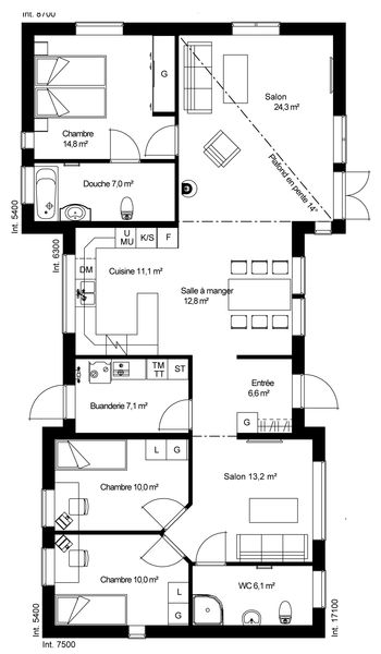 plan RDC Maison ossature bois suédoise basse consommation provenant du catalogue Hej France VastkustStugan