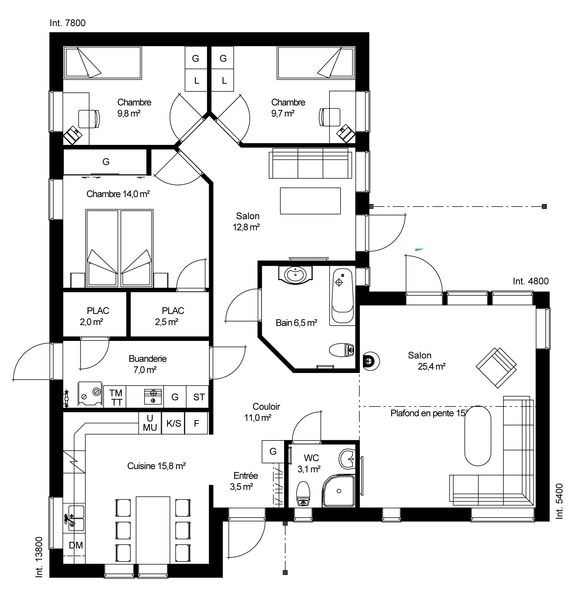 plan RDC Maison ossature bois suédoise basse consommation provenant du catalogue Hej France VastkustStugan