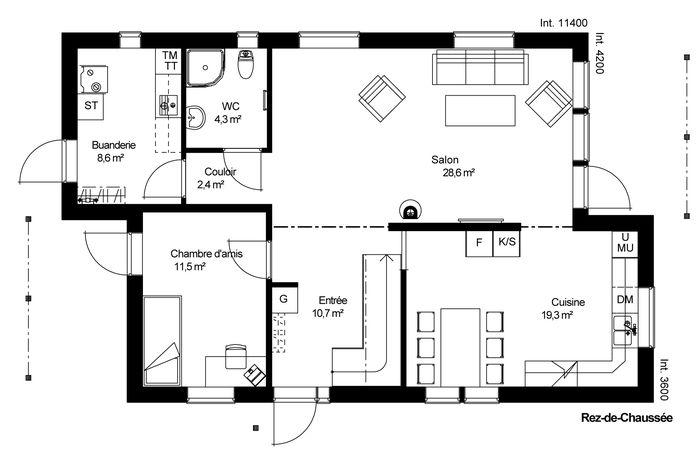 plan RDC Maison ossature bois suédoise basse consommation provenant du catalogue Hej France VastkustStugan