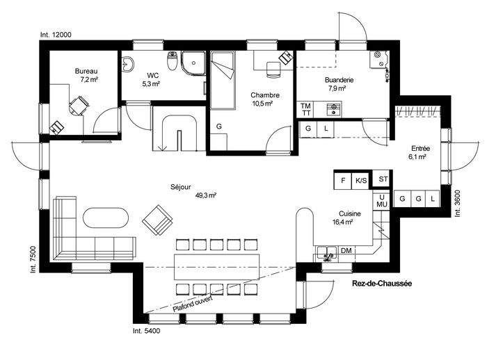 plan RDC Maison ossature bois suédoise basse consommation provenant du catalogue Hej France VastkustStugan