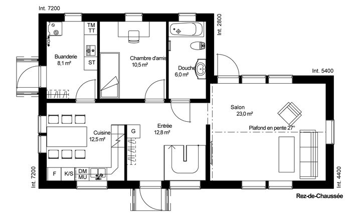 plan RDC Maison ossature bois suédoise basse consommation provenant du catalogue Hej France VastkustStugan