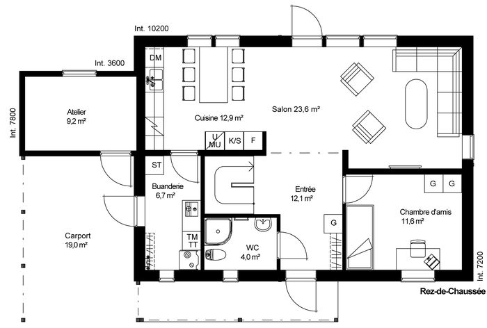 plan RDC Maison ossature bois suédoise basse consommation provenant du catalogue Hej France VastkustStugan