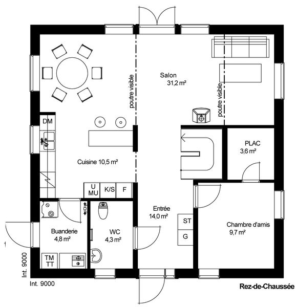 plan RDC Maison ossature bois suédoise basse consommation provenant du catalogue Hej France VastkustStugan