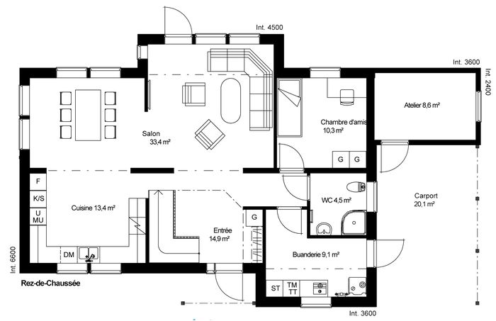 plan RDC Maison ossature bois suédoise basse consommation provenant du catalogue Hej France VastkustStugan