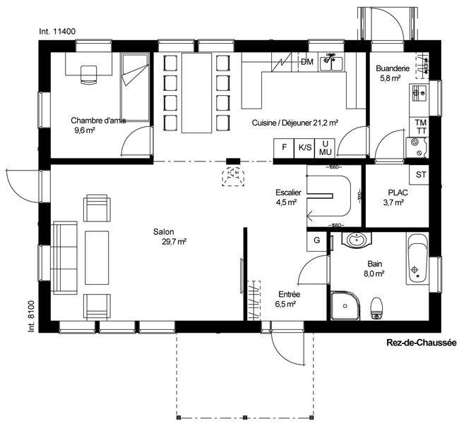 plan RDC Maison ossature bois suédoise basse consommation provenant du catalogue Hej France VastkustStugan