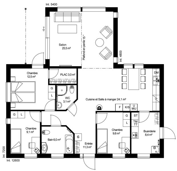 plan RDC Maison ossature bois suédoise basse consommation provenant du catalogue Hej France VastkustStugan